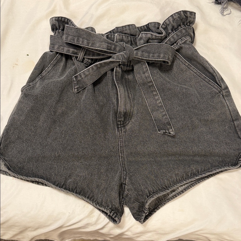 Gilli Washed Black Paperbag Waist Denim Shorts